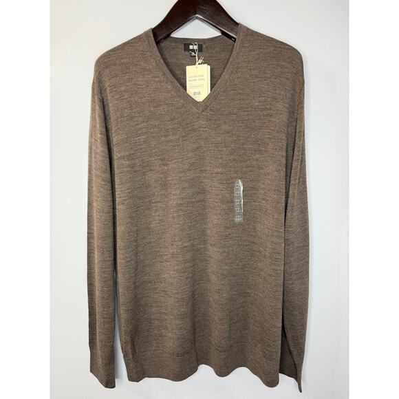 Uniqlo V neck Merino Wool Grey Sweater Brown Men's XL New - Picture 5 of 10